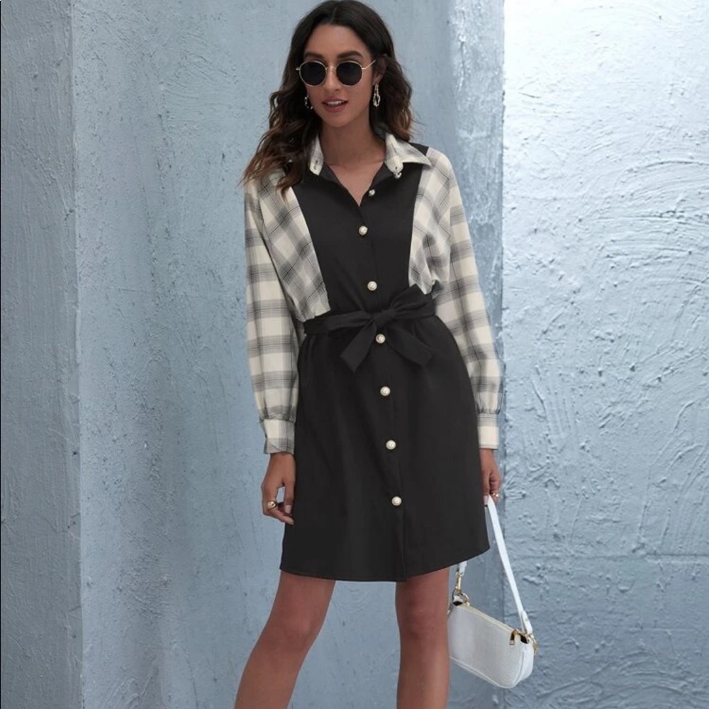 NWOT Plaid Button Tie Front Shirt Dress